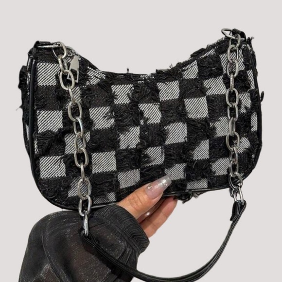 Checkerboard Chain Shoulder Bag - Black & Gray - Picture 2 of 7